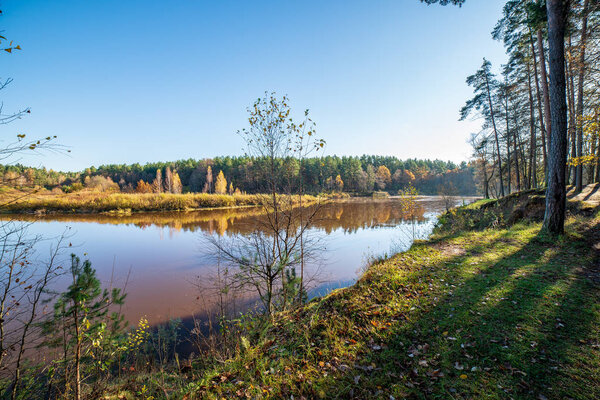 голубое небо и облака, отражающиеся в спокойной воде реки Гауи в латвии осенью. прогулка по берегу реки. ясный осенний день. широкий угол обзора
