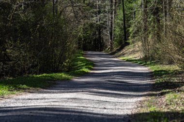 boş ülke stabilize yol çamur ile su birikintileri ve darbelere. kirli yol yüzeyi kum ve küçük taşlarla