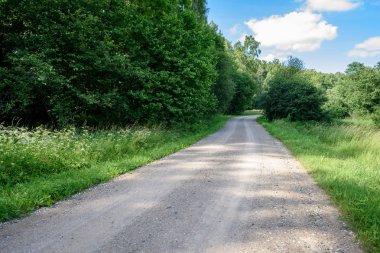 boş ülke stabilize yol çamur ile su birikintileri ve darbelere. kirli yol yüzeyi kum ve küçük taşlarla