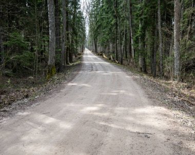 boş ülke stabilize yol çamur ile su birikintileri ve darbelere. kirli yol yüzeyi kum ve küçük taşlarla