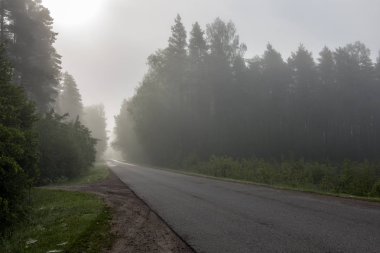 boş ülke stabilize yol çamur ile su birikintileri ve darbelere. kirli yol yüzeyi kum ve küçük taşlarla
