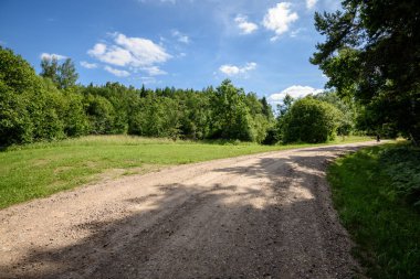 boş ülke stabilize yol çamur ile su birikintileri ve darbelere. kirli yol yüzeyi kum ve küçük taşlarla