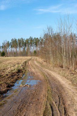 boş ülke stabilize yol çamur ile su birikintileri ve darbelere. kirli yol yüzeyi kum ve küçük taşlarla