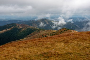 Slovakya'daki Tatra Dağları manzarasına. sis ve bulut dağ zirveleri renkli sonbaharda kaplı