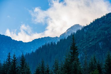 kırık bulutlar ve yaz günü güneş ile mavi gökyüzü arka plan üzerinde Slovakça Tatra mountain yüksek tepeler. turistik rotalar için yürüyüş