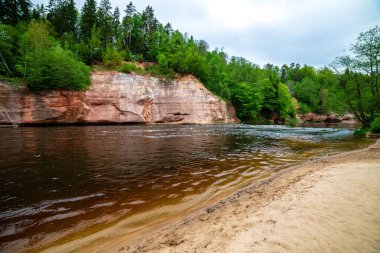 kumtaşı kayalıklarla yaz güneşli gün sert gölgeler ile nehirde orman ve orman ağaçlarında kıyısında