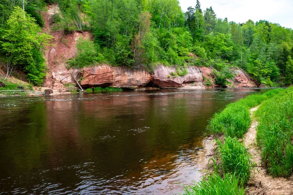 Zandstenen Rotsen Aan Kust Van Bos Rivier Zonnige Zomerdag Met — Stockfoto