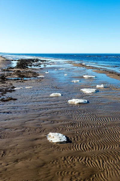 Bloques Hielo Congelados Playa Del Mar Invierno Con Arena Nieve — Foto de Stock