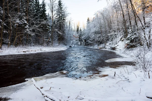 Río Bosque Congelado Invierno Con Acantilados Arenisca Nieve Hielo Día — Foto de Stock