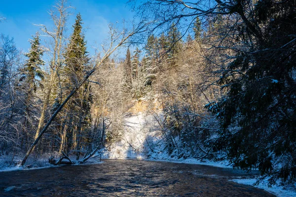 Río Bosque Congelado Invierno Con Acantilados Arenisca Nieve Hielo Día — Foto de Stock