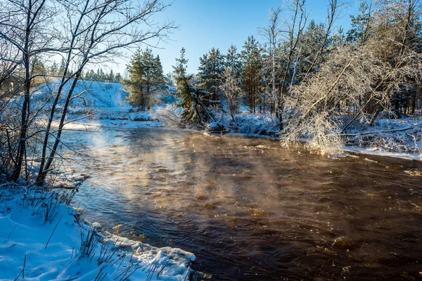 Río Bosque Congelado Invierno Con Acantilados Arenisca Nieve Hielo Día — Foto de Stock