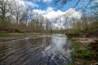 karanlık su ve kirli shore li Letonya, nehir kenarında yatay