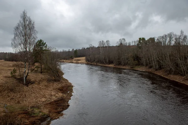 Paesaggio lungo il fiume in latvia con acqua scura e riva sporca li — Foto Stock