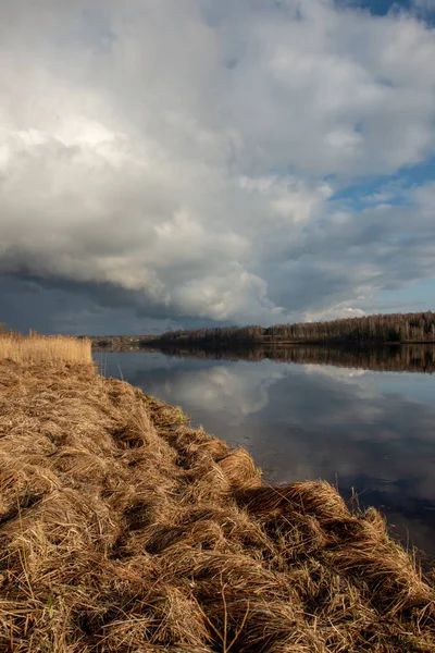 Paisaje junto al río en latvia con agua oscura y costa sucia li — Foto de Stock