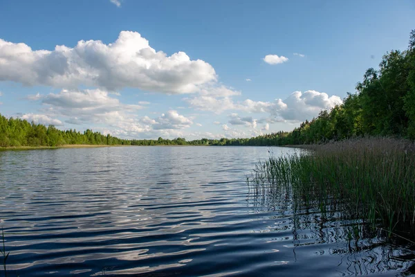 Ciel bleu et reflets de nuages dans le lac de campagne en été esprit — Photo