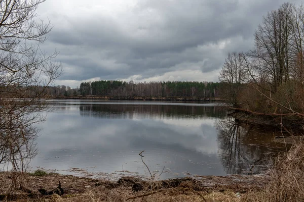 Paisaje junto al río en latvia con agua oscura y costa sucia li —  Fotos de Stock