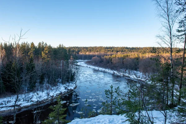 River of gauja in latvia in winter with floating ice blocks — Stock Photo, Image