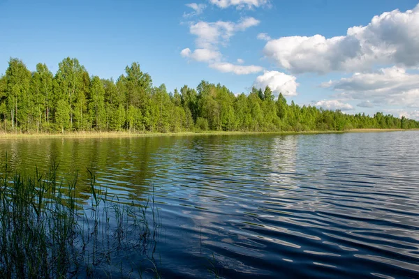 Cielo azul y reflejos de nubes en el lago de campo en verano ingenio — Foto de Stock