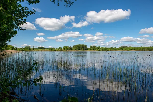 Cielo azul y reflejos de nubes en el lago de campo en verano ingenio — Foto de Stock