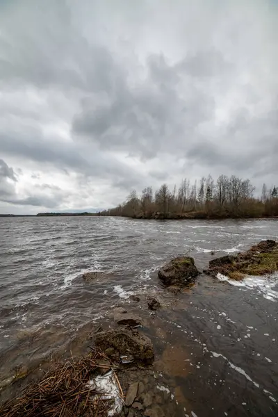 Krajobraz nad rzeką na Łotwie z ciemnej wody i brudny brzeg li — Zdjęcie stockowe