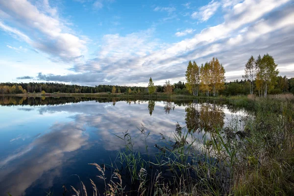 Rustig Lake Felle Zonlicht Met Reflecties Van Wolken Bomen Blauwe — Stockfoto