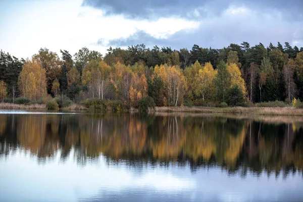 Lago Tranquilo Luz Del Sol Brillante Con Reflejos Nubes Árboles — Foto de Stock