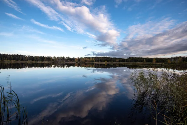 Calm Lake Ljusa Solljus Med Reflektioner Moln Och Träd Och — Stockfoto