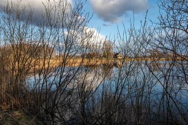 Lac Calme Sous Soleil Éclatant Avec Des Reflets Nuages Arbres — Photo