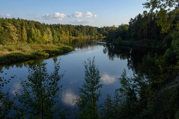 Lac Calme Sous Soleil Éclatant Avec Des Reflets Nuages Arbres — Photo