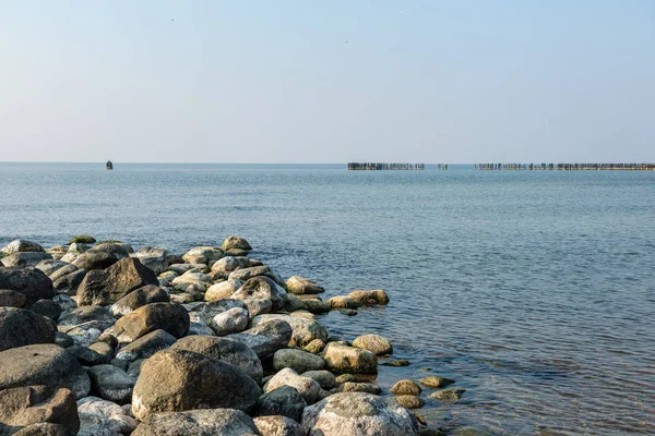 큰 바위와 나무로 되는 극에서 여름에 잔잔한 바다 해변 — 스톡 사진