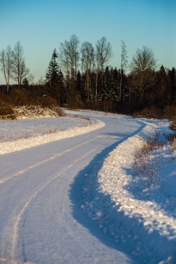 Orman woth mavi gökyüzü buz ve kar kaplı karlı kış yolu