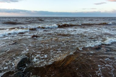 Letonya kayalık deniz kıyısı ile sahilde fırtına hava. yüksek dalgalar ile kayalar üzerinde günbatımı