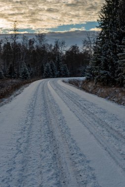 Orman woth mavi gökyüzü buz ve kar kaplı karlı kış yolu