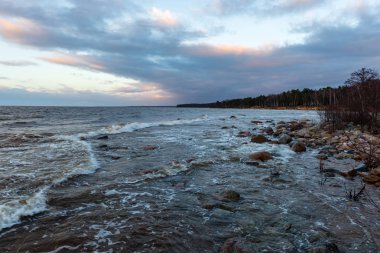Letonya kayalık deniz kıyısı ile sahilde fırtına hava. yüksek dalgalar ile kayalar üzerinde günbatımı