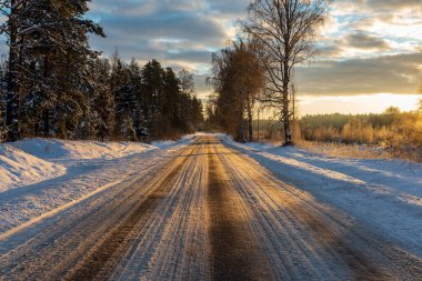 Orman woth mavi gökyüzü buz ve kar kaplı karlı kış yolu