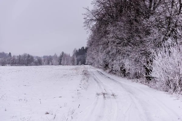 Schneebedeckte Winterstraße Mit Eis Und Schnee Wald Bei Blauem Himmel — Stockfoto