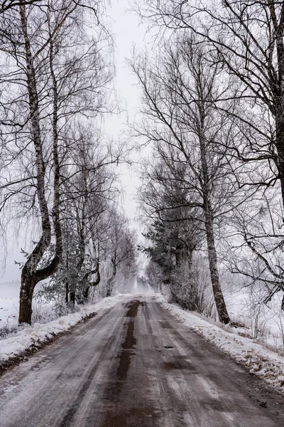 Neve Estrada Inverno Coberto Gelo Neve Céu Azul Floresta Woth — Fotografia de Stock