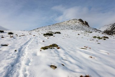 kar kapalı dağ zirveleri ve Slovakya Tatra turist parkurları. kış yürüyüş görünümü