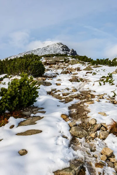 kar kapalı dağ zirveleri ve Slovakya Tatra turist parkurları. kış yürüyüş görünümü