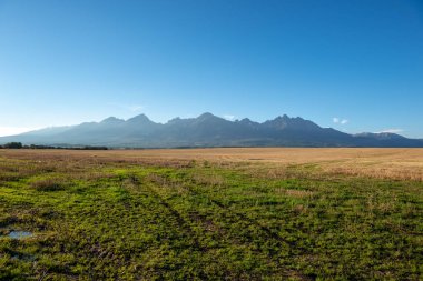 sonbaharda Slovakça manzara üzerinde bulutlu ve sisli gündoğumu. Tatra güneş doğar gibi arka planda moountains. Elektrik direkleri alanında
