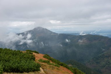 Slovakya 'da turist parkurları sonbaharda Tatra Dağları. sis ve bulutlar ile dağ tops üzerinde bulutlu gün sahne