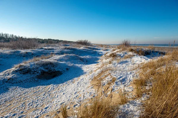 Замороженный Морской Пляж Зимой Низким Снежным Покровом Ice Sunny Day — стоковое фото