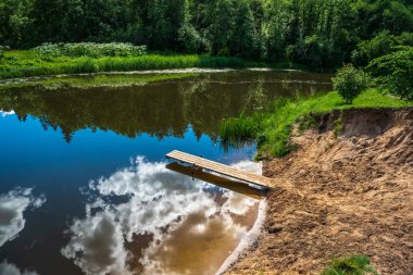 yeşil yaprakları ve gölgeleri ile güneşli yaz gününde doğal orman gölü. bulutların yansımaları ile sakin su