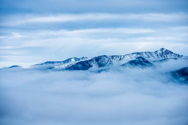 Slovakya Tatra dağlarında orman vadilerinden yükselen sis. yukarıdan görülen güneşli bir gün, bulutların üzerinde yürüme