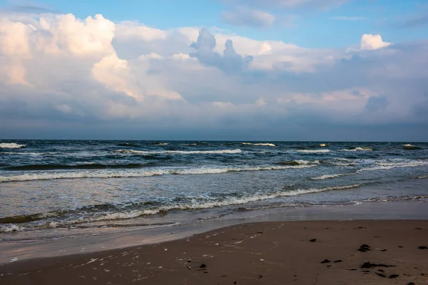 Pusta Plaża Morska Przed Burzą Dramatycznych Chmur Cieni Drzew Piasku — Zdjęcie stockowe