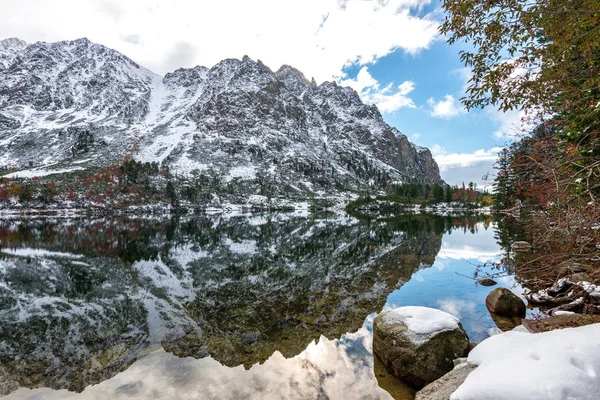 Mountain Lake Winter Calm Open Water Mountain Wall Cloudy Sky — Stock Photo, Image