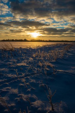 kış kırsalkarla kaplı alanlar, kırık bulutlu mavi bulutlar
