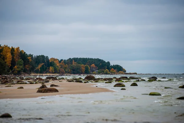 Burzą Morską Plażę Dużymi Kamieniami Mokrym Piasku Morze Bałtyckie — Zdjęcie stockowe