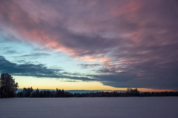 Kırsal Kış Kar Alanları Üzerinde Renkli Günbatımı Işık — Stok fotoğraf