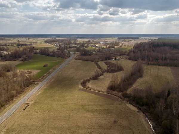 Aerial view of countryside fields and forests with small lakes — Stock Photo, Image